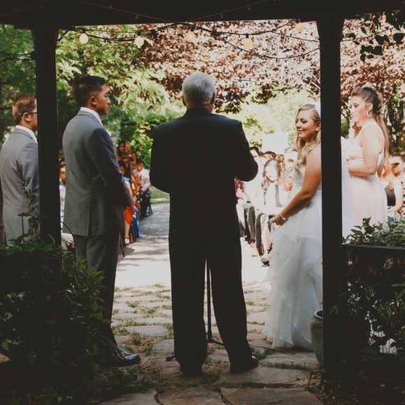 View of the wedding from inside the gazebo at Arbor Manor